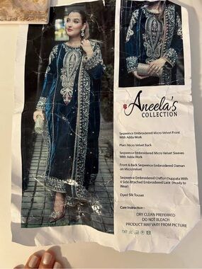 Aneela's Collection Embroidered Navy Velvet Kameez